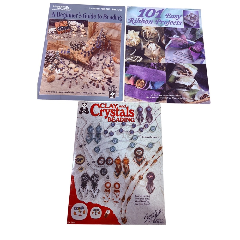 Vintage Craft Book Lot Beading Guide Ribbon Projects Clay‎ Crystals 3 Booklets